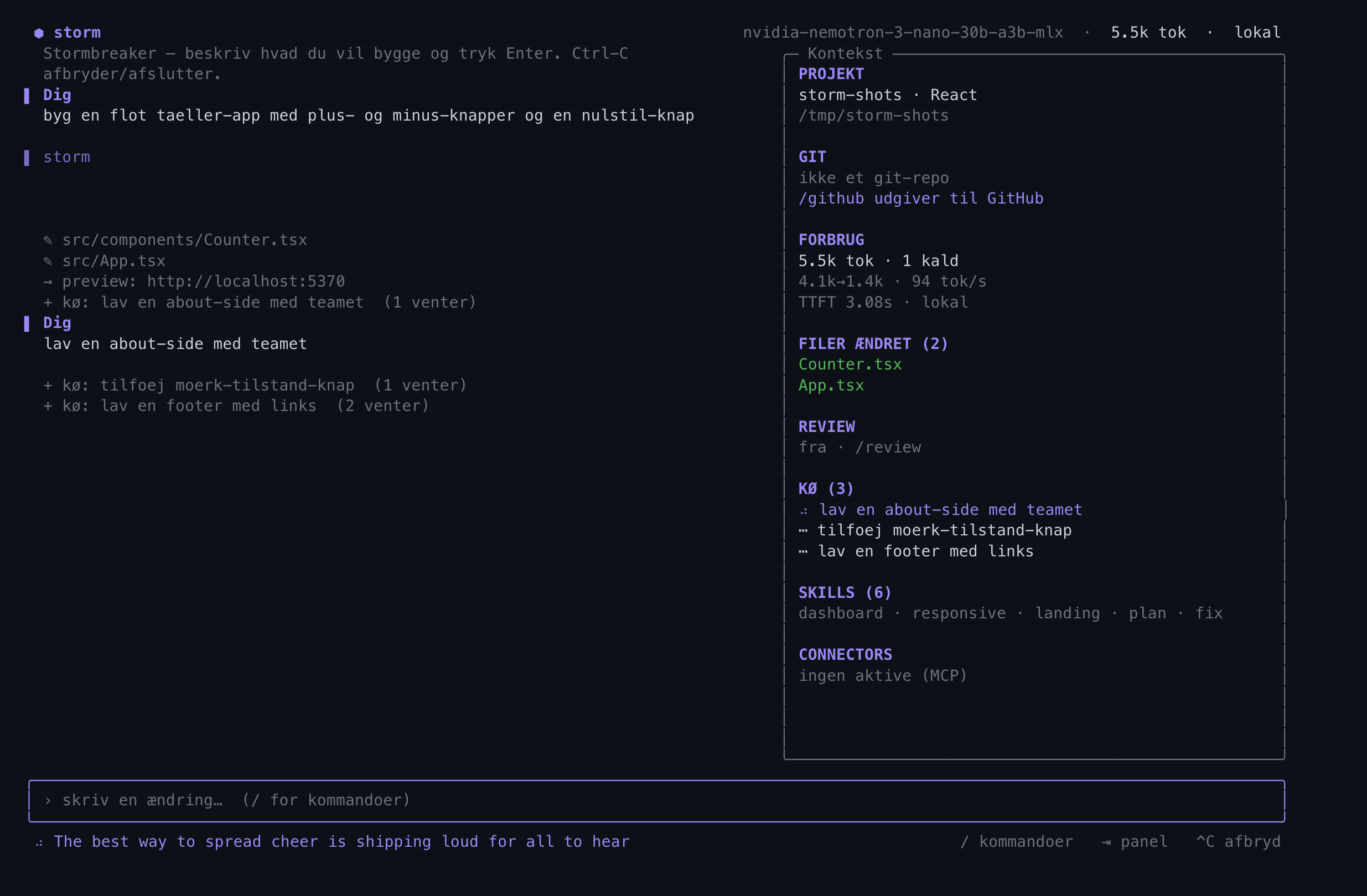 Kontekst-sidebar med git-status og swarm-kø